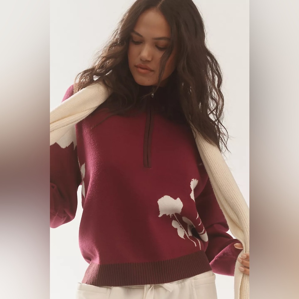 Anthropologie Maeve Montana Berry Floral Mock-Neck Half-Zip Sweater Size MP NEW